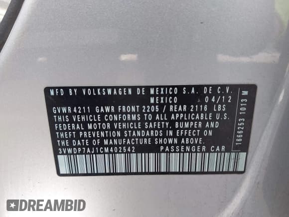 ✅ 2012 Volkswagen Jetta SE • VIN: 3VWDP7AJ1CM402542 • Lot: 43836428. Wystawiony na IAAI z przebiegiem 127 197 mil. Bezpłatny archiwum sprzedaży aukcyjnych z USA i szczegółowy raport historii pojazdu na DreamBid. Zdjęcie 9.