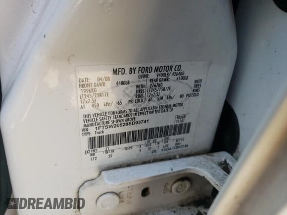 ✅ 2008 Ford F-250 XL • VIN: 1FTSW20528ED93741 • Lot: 54668664. Listed on Copart with 108,505 mi. Free auction sales archive from the USA and detailed vehicle history report at DreamBid. Image 12.