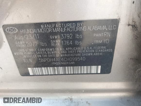 ✅ 2012 Hyundai Elantra GLS • VIN: 5NPDH4AE4CH099540 • Lot: 43642948. Listed on IAAI with 200,117 mi. Free auction sales archive from the USA and detailed vehicle history report at DreamBid. Image 9.