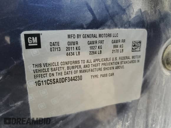 2013 Chevrolet Malibu LT with VIN 1G11C5SA0DF344230, listed as a Copart auction lot 80752955 with Not provided miles and Salvage title. Bid and sale history available at DreamBid. Image 13.