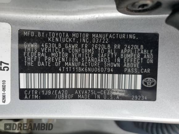 2022 Toyota Camry SE с VIN 4T1T11BK6NU060794, выставлен на аукционе Copart как лот 84729115 с пробегом 39 327 миль миль и Списание • Salvage title. История ставок и продаж доступна на DreamBid. Изображение 13.