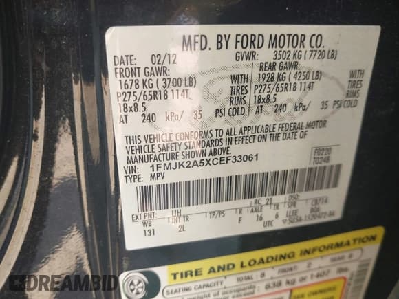 ✅ 2012 Ford Expedition Max Limited • VIN: 1FMJK2A5XCEF33061 • Lot: 42574281. Wystawiony na IAAI z przebiegiem 188 435 mil. Bezpłatny archiwum sprzedaży aukcyjnych z USA i szczegółowy raport historii pojazdu na DreamBid. Zdjęcie 9.