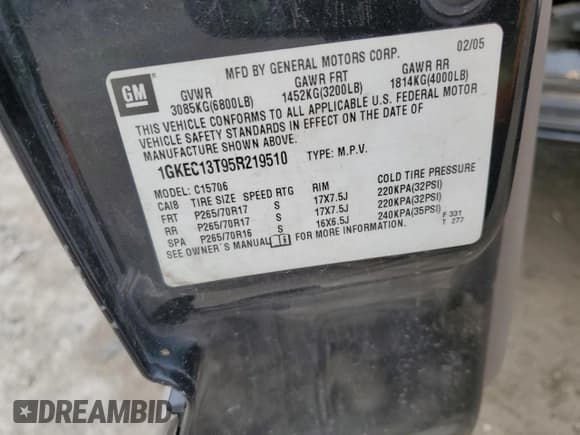 ✅ 2005 GMC Yukon SLE • VIN: 1GKEC13T95R219510 • Lot: 54233895. Wystawiony na Copart z przebiegiem Nie podano. Bezpłatny archiwum sprzedaży aukcyjnych z USA i szczegółowy raport historii pojazdu na DreamBid. Zdjęcie 13.