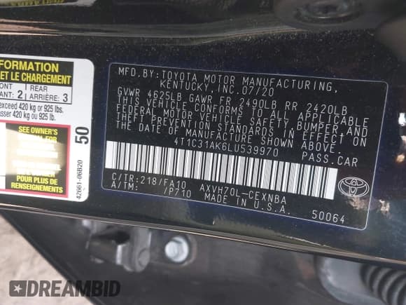 ✅ 2020 Toyota Camry Hybrid LE • VIN: 4T1C31AK6LU539970 • Lot: 43634548. Listed on IAAI with 126,677 mi. Free auction sales archive from the USA and detailed vehicle history report at DreamBid. Image 9.