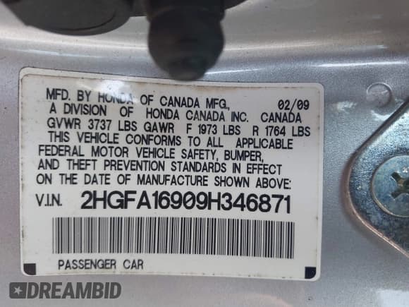 ✅ 2009 Honda Civic EX-L • VIN: 2HGFA16909H346871 • Лот: 42791730. Опубликован ранее на IAAI с пробегом 67 336 миль. Бесплатный доступ к архиву аукционных продаж из США и подробный отчёт об истории автомобиля на DreamBid. Изображение 9.