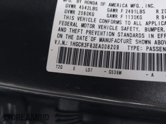 ✅ 2014 Honda Accord EX-L • VIN: 1HGCR3F83EA008209 • Lot: 43830100. Listed on IAAI with 192,815 mi. Free auction sales archive from the USA and detailed vehicle history report at DreamBid. Image 9.