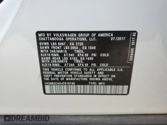 ✅ 2018 Volkswagen Atlas S • VIN: 1V2GR2CA5JC516745 • Lot: 81876825. Listed on Copart with 98,195 mi. Free auction sales archive from the USA and detailed vehicle history report at DreamBid. Image 13.