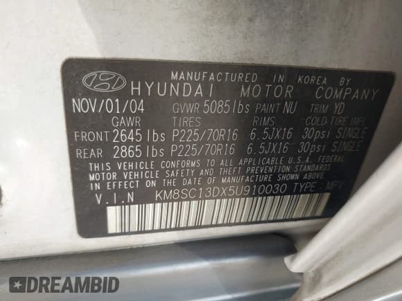 ✅ 2005 Hyundai Santa Fe GLS • VIN: KM8SC13DX5U910030 • Lot: 43011692. Listed on IAAI with 200,363 mi. Free auction sales archive from the USA and detailed vehicle history report at DreamBid. Image 9.