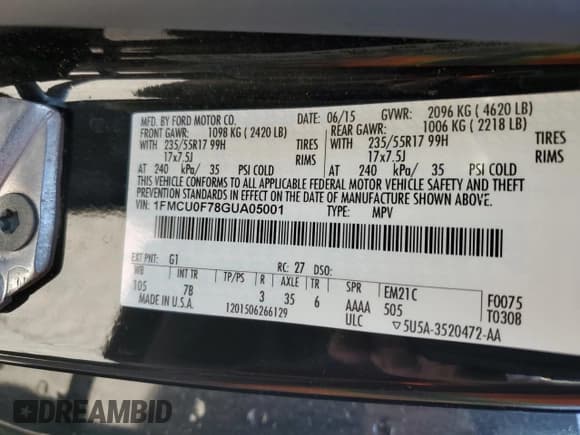 ✅ 2016 Ford Escape S • VIN: 1FMCU0F78GUA05001 • Lot: 91278635. Wystawiony na Copart z przebiegiem 176 913 mil. Bezpłatny archiwum sprzedaży aukcyjnych z USA i szczegółowy raport historii pojazdu na DreamBid. Zdjęcie 13.