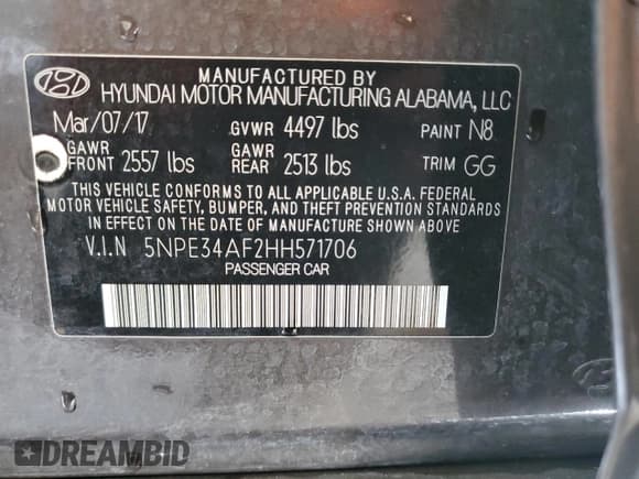 ✅ 2017 Hyundai Sonata Sport • VIN: 5NPE34AF2HH571706 • Lot: 44155203. Listed on Copart with 101,683 mi. Free auction sales archive from the USA and detailed vehicle history report at DreamBid. Image 13.