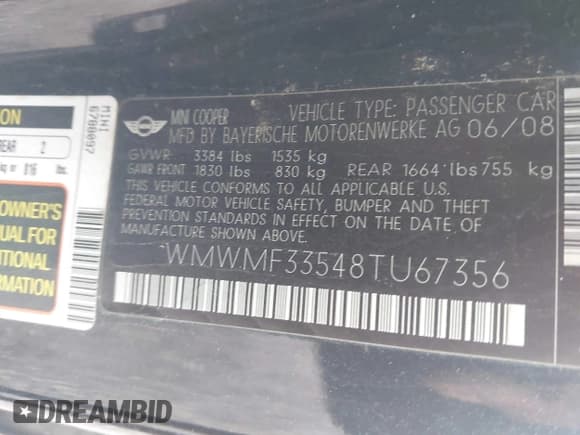✅ 2008 MINI Hardtop • VIN: WMWMF33548TU67356 • Lot: 43766429. Listed on IAAI with 134,389 mi. Free auction sales archive from the USA and detailed vehicle history report at DreamBid. Image 9.