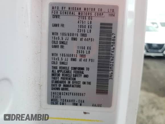 2015 Chevrolet City Express Cargo LT с VIN 3N63M0ZN2FK698867, выставлен на аукционе Copart как лот 56129495 с пробегом Не указан миль и Списание • Salvage title. История ставок и продаж доступна на DreamBid. Изображение 13.