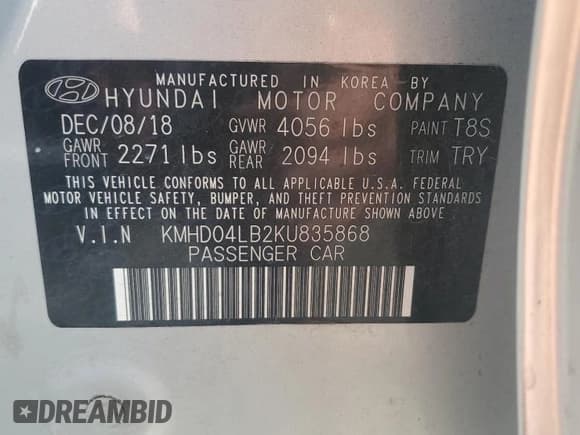 ✅ 2019 Hyundai Elantra Sport • VIN: KMHD04LB2KU835868 • Lot: 62464815. Listed on Copart with 57,227 mi. Free auction sales archive from the USA and detailed vehicle history report at DreamBid. Image 12.