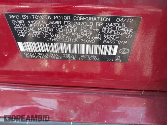 ✅ 2012 Lexus IS 250 • VIN: JTHBF5C21C5175090 • Lot: 42967917. Listed on IAAI with Not provided. Free auction sales archive from the USA and detailed vehicle history report at DreamBid. Image 9.