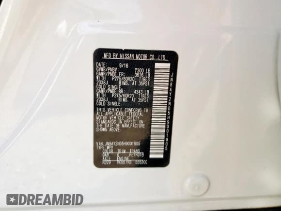 ✅ 2017 Nissan Armada Platinum • VIN: JN8AY2ND5H9001905 • Лот: 83860805. Опубликован ранее на Copart с пробегом 126 441 миль. Бесплатный доступ к архиву аукционных продаж из США и подробный отчёт об истории автомобиля на DreamBid. Изображение 13.