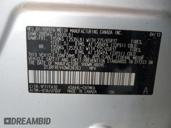 ✅ 2013 Toyota RAV4 XLE • VIN: 2T3RFREV4DW038363 • Лот: 90407395. Опубликован ранее на Copart с пробегом 146 182 миль. Бесплатный доступ к архиву аукционных продаж из США и подробный отчёт об истории автомобиля на DreamBid. Изображение 13.