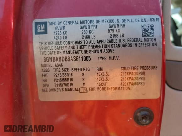 2010 Chevrolet HHR 1LT with VIN 3GNBABDB8AS611005, listed as a Copart auction lot 70780824 with 119,979 mi miles and Salvage title. Bid and sale history available at DreamBid. Image 15.