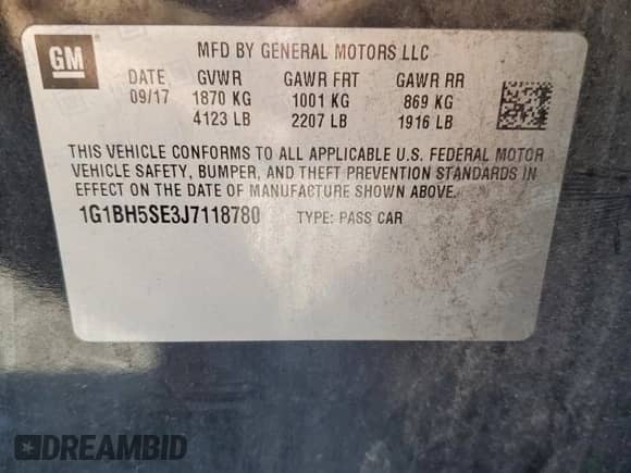 2018 Chevrolet Cruze LT с VIN 1G1BH5SE3J7118780, выставлен на аукционе Copart как лот 82721415 с пробегом Не указан миль и Списание • Salvage title. История ставок и продаж доступна на DreamBid. Изображение 12.