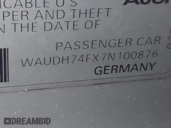 ✅ 2007 Audi A6 3.2L • VIN: WAUDH74FX7N100876 • Лот: 42596417. Опубликован ранее на IAAI с пробегом 125 317 миль. Бесплатный доступ к архиву аукционных продаж из США и подробный отчёт об истории автомобиля на DreamBid. Изображение 9.