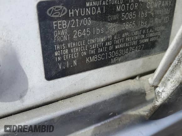 2003 Hyundai Santa Fe GLS с VIN KM8SC13D63U476427, выставлен на аукционе Copart как лот 46051555 с пробегом 174 337 миль миль и Списание • Salvage title. История ставок и продаж доступна на DreamBid. Изображение 15.