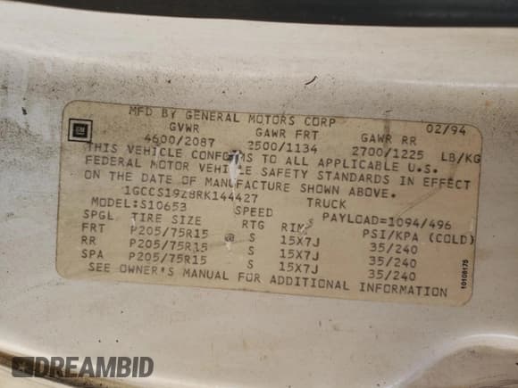 ✅ 1994 Chevrolet S-10 LS • VIN: 1GCCS19Z8RK144427 • Лот: 84605534. Опубликован ранее на Copart с пробегом 167 710 миль. Бесплатный доступ к архиву аукционных продаж из США и подробный отчёт об истории автомобиля на DreamBid. Изображение 14.