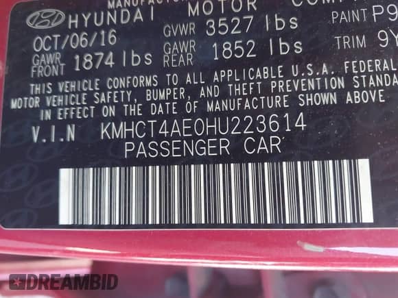 2017 Hyundai Accent SE with VIN KMHCT4AE0HU223614, listed as a IAAI auction lot 43468933 with 89,348 mi miles and . Bid and sale history available at DreamBid. Image 9.