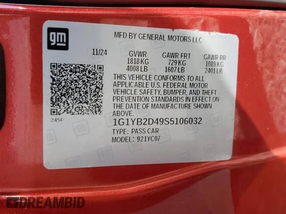 2025 Chevrolet Corvette 2LT with VIN 1G1YB2D49S5106032, listed as a Copart auction lot 90788015 with 5,267 mi miles and Salvage title. Bid and sale history available at DreamBid. Image 12.