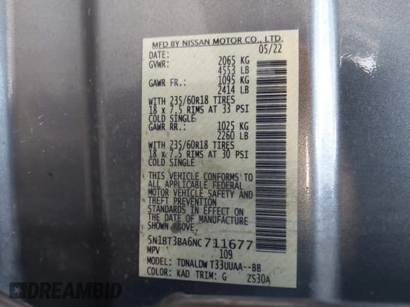 ✅ 2022 Nissan Rogue SV • VIN: 5N1BT3BA6NC711677 • Лот: 43176027. Опубликован ранее на IAAI с пробегом 46 321 миль. Бесплатный доступ к архиву аукционных продаж из США и подробный отчёт об истории автомобиля на DreamBid. Изображение 9.