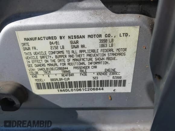 ✅ 2001 Nissan Altima GXE • VIN: 1N4DL01D61C206844 • Lot: 43221262. Wystawiony na IAAI z przebiegiem 216 262 mil. Bezpłatny archiwum sprzedaży aukcyjnych z USA i szczegółowy raport historii pojazdu na DreamBid. Zdjęcie 9.