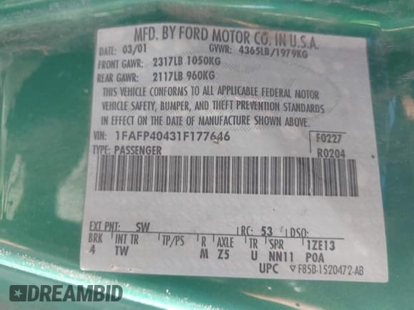 ✅ 2001 Ford Mustang Standard • VIN: 1FAFP40431F177646 • Lot: 43837547. Listed on IAAI with Not provided. Free auction sales archive from the USA and detailed vehicle history report at DreamBid. Image 9.