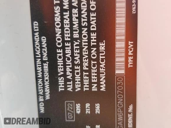 ✅ 2023 Aston Martin Vantage • VIN: SCFSMGAW6PGN07030 • Lot: 68497825. Listed on Copart with 14,153 mi. Free auction sales archive from the USA and detailed vehicle history report at DreamBid. Image 12.