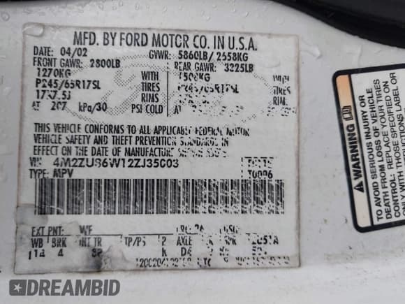 ✅ 2002 Mercury Mountaineer • VIN: 4M2ZU86W12ZJ35003 • Лот: 41193635. Опубликован ранее на IAAI с пробегом 168 601 миль. Бесплатный доступ к архиву аукционных продаж из США и подробный отчёт об истории автомобиля на DreamBid. Изображение 9.