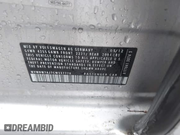 ✅ 2012 Volkswagen Golf TDI • VIN: WVWNM7AJ7CW337776 • Lot: 41070892. Listed on IAAI with Not provided. Free auction sales archive from the USA and detailed vehicle history report at DreamBid. Image 9.