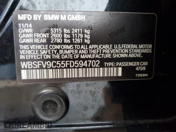 ✅ 2015 BMW M5 • VIN: WBSFV9C55FD594702 • Лот: 80828985. Опубликован ранее на Copart с пробегом 113 374 миль. Бесплатный доступ к архиву аукционных продаж из США и подробный отчёт об истории автомобиля на DreamBid. Изображение 13.