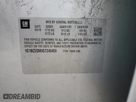 ✅ 2016 Chevrolet Cruze LS • VIN: 1G1BC5SM9G7240459 • Lot: 92161605. Listed on Copart with 142,809 mi. Free auction sales archive from the USA and detailed vehicle history report at DreamBid. Image 12.