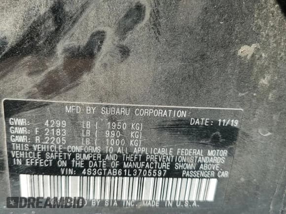 ✅ 2020 Subaru Impreza • VIN: 4S3GTAB61L3705597 • Lot: 52189195. Listed on Copart with 56,792 mi. Free auction sales archive from the USA and detailed vehicle history report at DreamBid. Image 12.