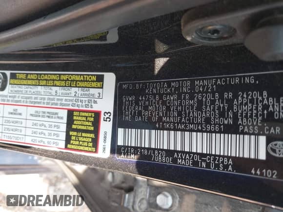 2021 Toyota Camry XSE with VIN 4T1K61AK3MU459661, listed as a IAAI auction lot 43158137 with 90,438 mi miles and . Bid and sale history available at DreamBid. Image 9.