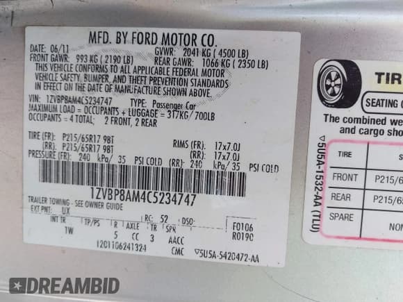 ✅ 2012 Ford Mustang V6 • VIN: 1ZVBP8AM4C5234747 • Lot: 43123966. Listed on IAAI with 196,457 mi. Free auction sales archive from the USA and detailed vehicle history report at DreamBid. Image 9.