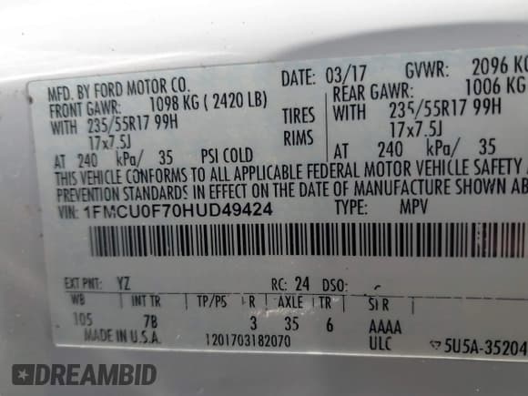 ✅ 2017 Ford Escape S • VIN: 1FMCU0F70HUD49424 • Lot: 43467766. Wystawiony na IAAI z przebiegiem 175 804 mil. Bezpłatny archiwum sprzedaży aukcyjnych z USA i szczegółowy raport historii pojazdu na DreamBid. Zdjęcie 9.