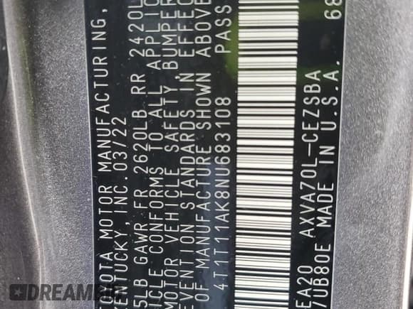 ✅ 2022 Toyota Camry SE • VIN: 4T1T11AK8NU683108 • Lot: 85118015. Wystawiony na Copart z przebiegiem 89 455 mil. Bezpłatny archiwum sprzedaży aukcyjnych z USA i szczegółowy raport historii pojazdu na DreamBid. Zdjęcie 13.