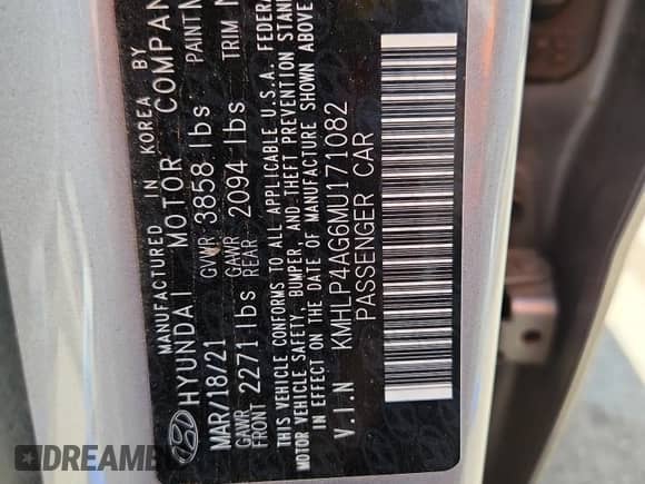 2021 Hyundai Elantra Limited with VIN KMHLP4AG6MU171082, listed as a Copart auction lot 80673275 with 69,199 mi miles and Salvage title. Bid and sale history available at DreamBid. Image 13.