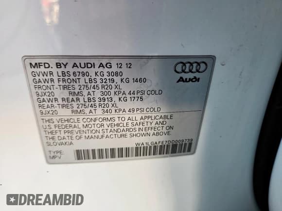 ✅ 2013 Audi Q7 Premium Plus • VIN: WA1LGAFE7DD009739 • Lot: 83839605. Wystawiony na Copart z przebiegiem 65 511 mil. Bezpłatny archiwum sprzedaży aukcyjnych z USA i szczegółowy raport historii pojazdu na DreamBid. Zdjęcie 14.