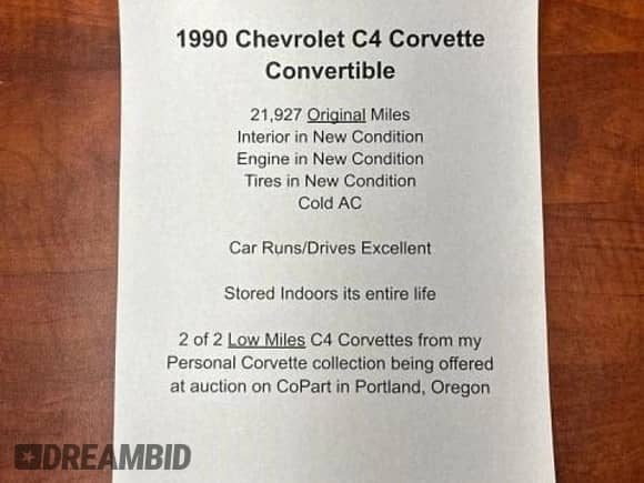 1990 Chevrolet Corvette with VIN 1G1YY238XL5106268, listed as a Copart auction lot 89001425 with 21,627 mi miles and Clean title. Bid and sale history available at DreamBid. Image 11.