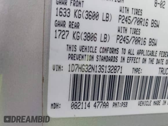 2003 Dodge Dakota Sport z VIN 1D7HG32N13S132871, wystawiony jako IAAI lot #42059965 z przebiegiem 125 408 mil mil oraz . Historia ofert i sprzedaży dostępna na DreamBid. Obrazek 9.