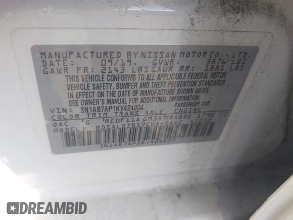 ✅ 2019 Nissan Sentra S • VIN: 3N1AB7AP1KY424804 • Лот: 43393279. Опубликован ранее на IAAI с пробегом 98 989 миль. Бесплатный доступ к архиву аукционных продаж из США и подробный отчёт об истории автомобиля на DreamBid. Изображение 7.