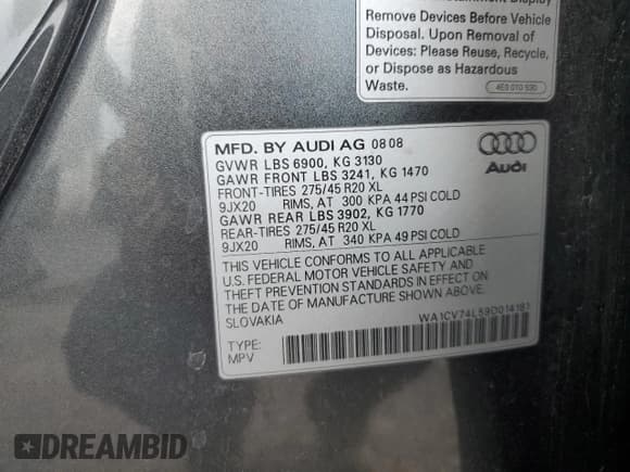 ✅ 2009 Audi Q7 Prestige • VIN: WA1CV74L59D014181 • Lot: 60354085. Wystawiony na Copart z przebiegiem 147 996 mil. Bezpłatny archiwum sprzedaży aukcyjnych z USA i szczegółowy raport historii pojazdu na DreamBid. Zdjęcie 13.
