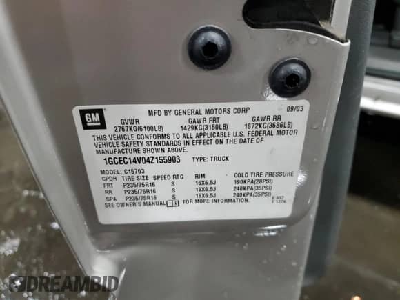 2004 Chevrolet Silverado 1500 LS with VIN 1GCEC14V04Z155903, listed as a Copart auction lot 85713755 with 160,520 mi miles and Salvage title. Bid and sale history available at DreamBid. Image 13.