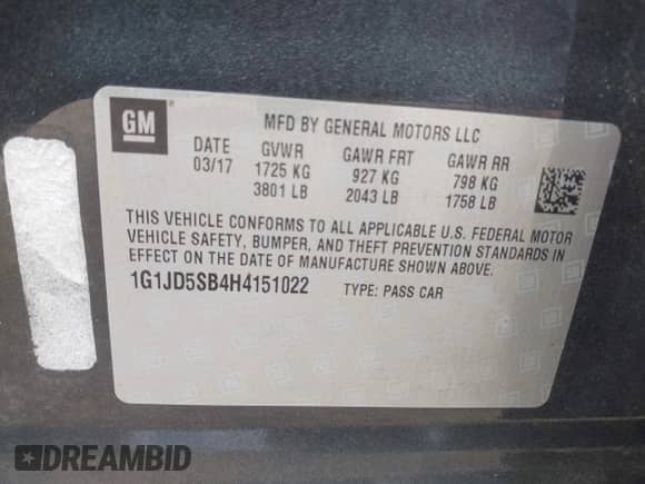 2017 Chevrolet Sonic LT with VIN 1G1JD5SB4H4151022, listed as a IAAI auction lot 42692099 with Not provided miles and . Bid and sale history available at DreamBid. Image 9.