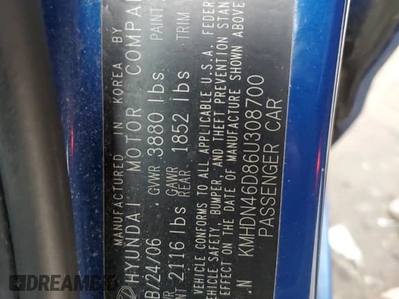 ✅ 2006 Hyundai Elantra GLS • VIN: KMHDN46D86U308700 • Lot: 84387924. Wystawiony na Copart z przebiegiem 52 664 mil. Bezpłatny archiwum sprzedaży aukcyjnych z USA i szczegółowy raport historii pojazdu na DreamBid. Zdjęcie 12.