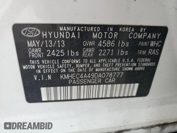 ✅ 2013 Hyundai Sonata Limited • VIN: KMHEC4A49DA078777 • Lot: 75474044. Listed on Copart with 135,233 mi. Free auction sales archive from the USA and detailed vehicle history report at DreamBid. Image 12.
